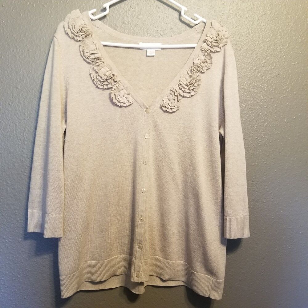 Christopher Banks L Cardigan Sweater Button 3D Floral Trim 100% Cotton Preppy